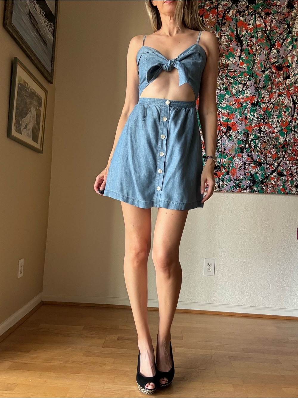 Reformation Light Blue Denim Tie-Front Mini Dress